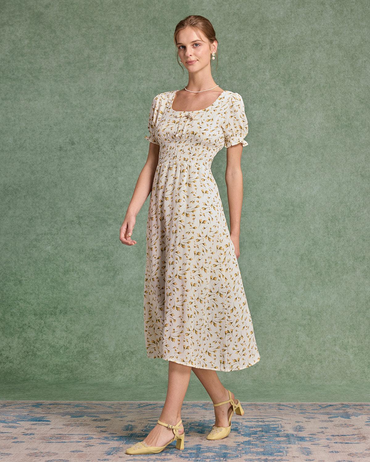 Yellow Floral Square Neck Shirred Midi Dress Product Image