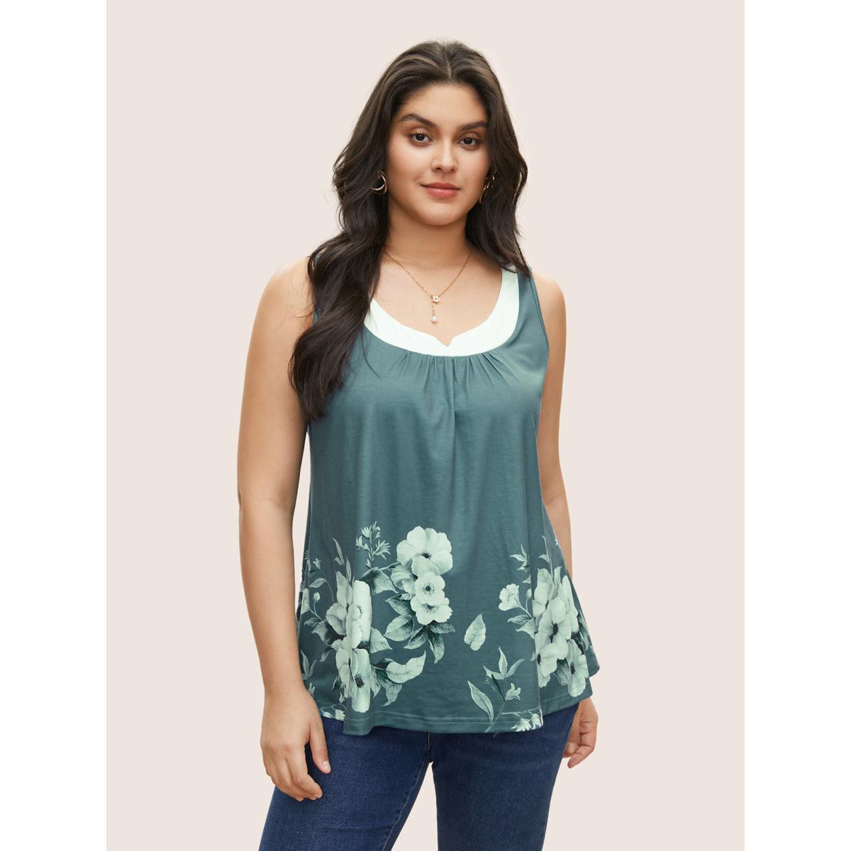 Plus Size Boho Print Contrast Notched Tank Top Women Green Elegant Gathered Notched collar Everyday Tank Tops Camis BloomChic 22-24/3X Product Image