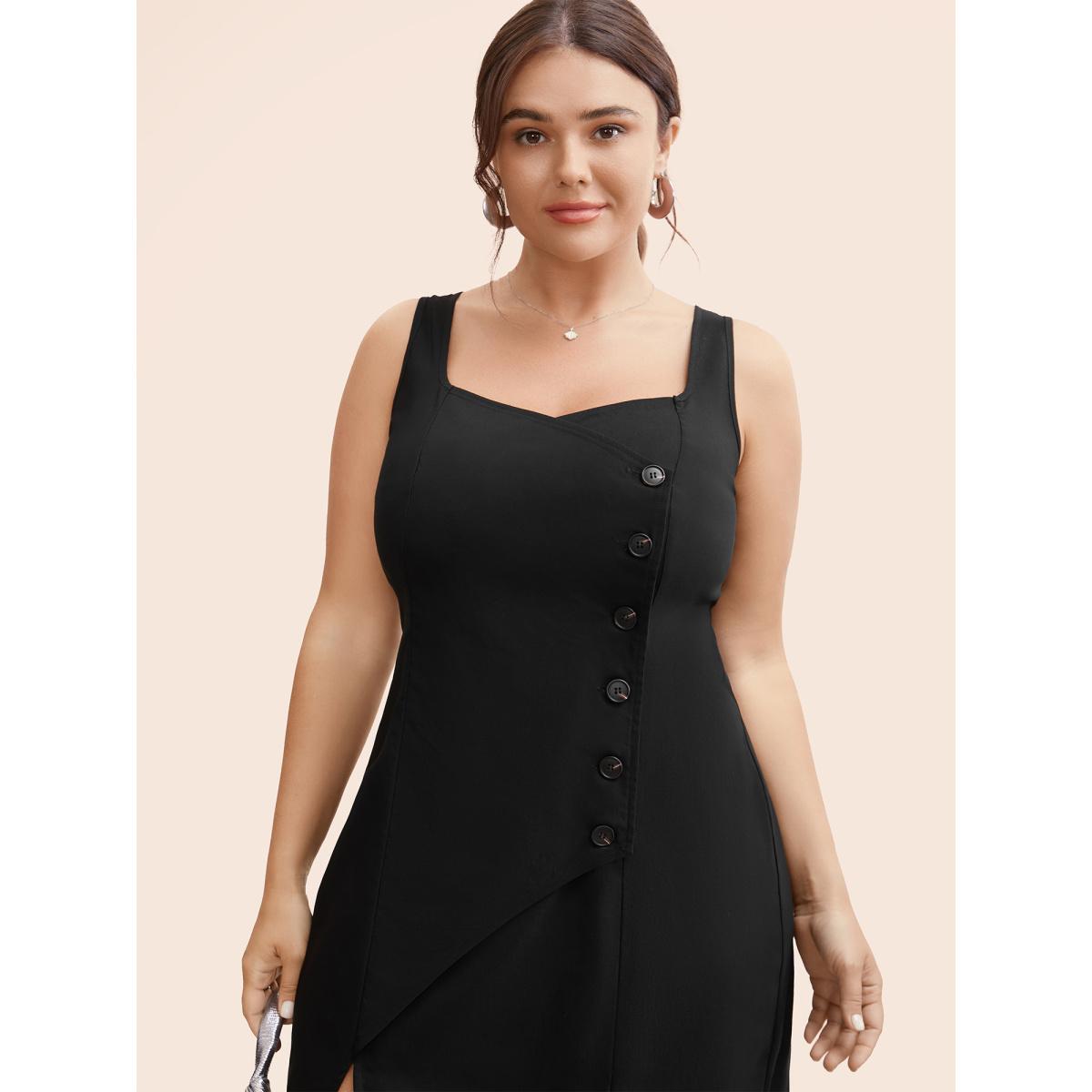 Plus Size Stretch Woven Cut-Out Midi Dress Black Women At the Office Button Heart neckline Sleeveless Curvy BloomChic 12/L Product Image