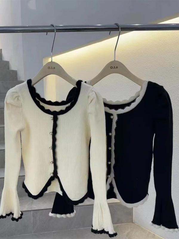 Contrast Color Scallop Trim Puff Sleeve Cardigan Product Image
