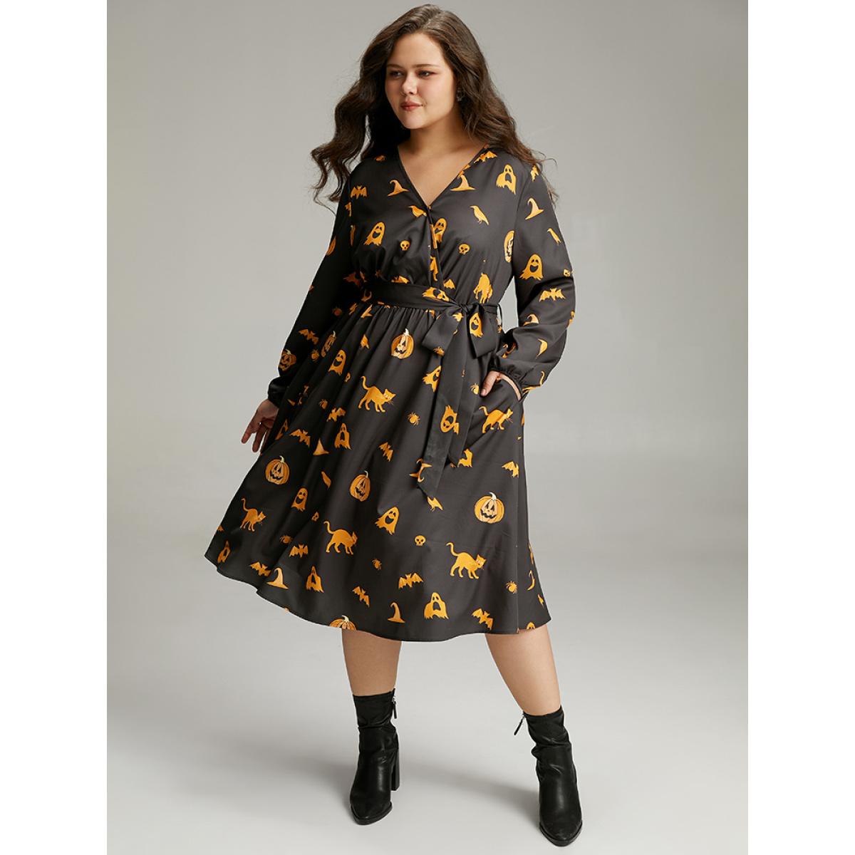 Plus Size Halloween Pumpkin & Bat Print Wrap Lantern Sleeve Dress Black Women Office Elastic cuffs Overlap Collar Long Sleeve Curvy Midi Dress BloomChic 30/6X Product Image