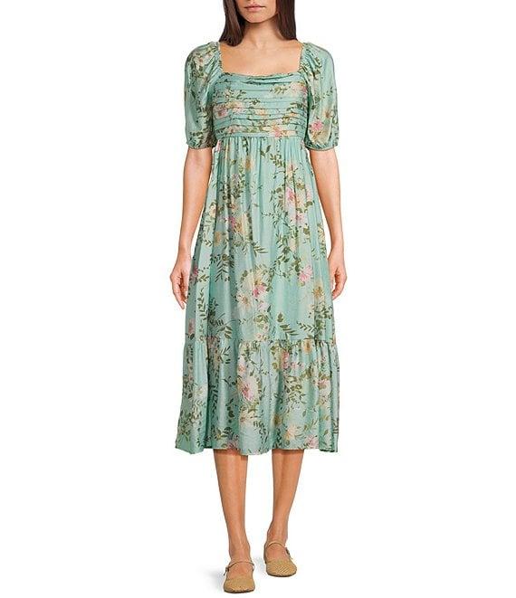 Blu Pepper Floral Print Square Neck Short Sleeve Midi Dress Product Image