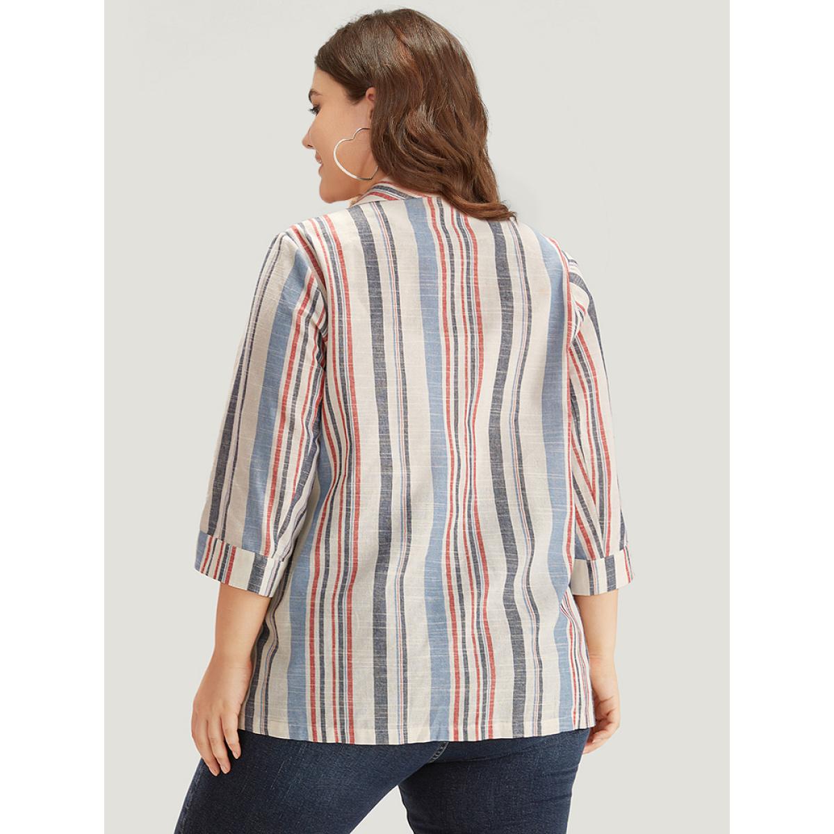 Plus Size Striped Lapel Collar Pocket Open Front Blazer DarkBlue Women Dailywear Striped Pocket Sleeve Elbow-length sleeve Lapel Collar 22-24/3X Pocket Casual Blazers BloomChic Product Image