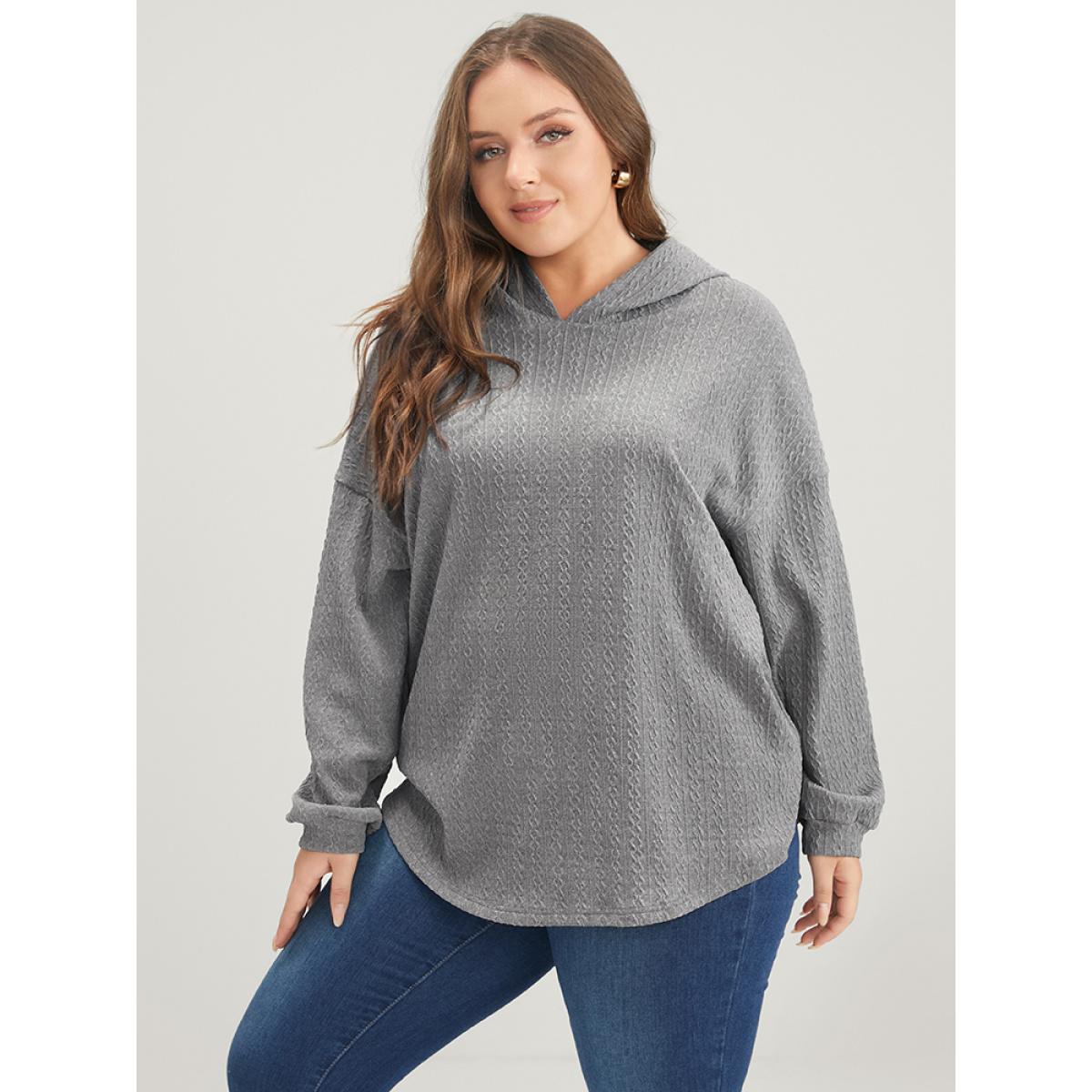 Plus Size Solid Drop Shoulder Textured Hooded Sweatshirt Women DarkGray Casual Plain Hooded Dailywear Sweatshirts BloomChic 22-24/3X Product Image