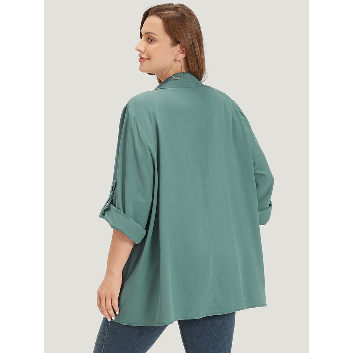 Plus Size Solid Pocket Asymmetrical Neck Roll Tab Sleeve Jacket Women Emerald Plain Loose Pocket Dailywear Jackets BloomChic 30/6X Product Image