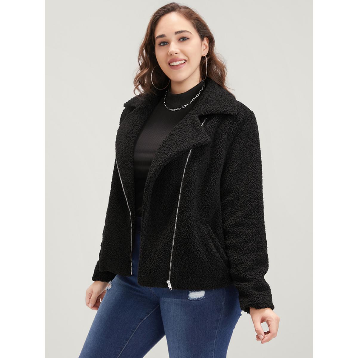 Plus Size Solid Zipper Pocket Suit Collar Teddy Coat Women Black Elegant Zipper Ladies Dailywear Winter Coats BloomChic 30/6X Product Image