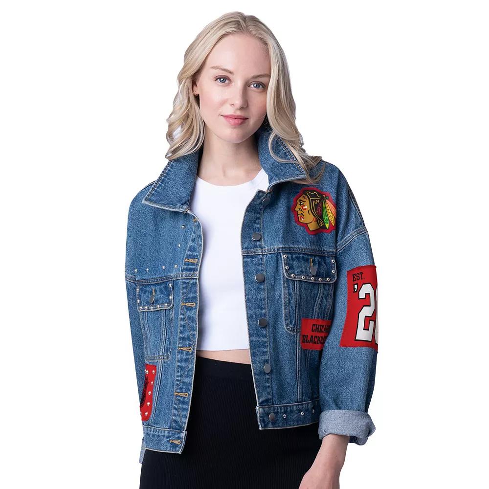 Women's G-III 4Her by Carl Banks Chicago Blackhawks Game Ball Cropped Button-Up Denim Jacket,  Product Image
