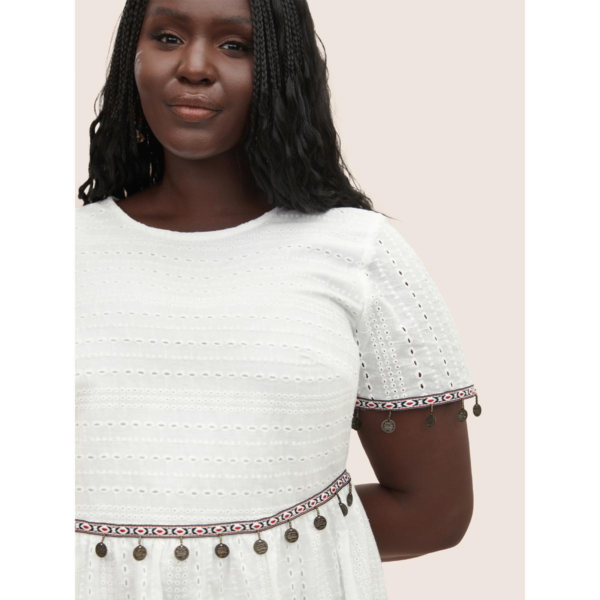 Plus Size White Broderie Anglaise Patchwork Tassel Trim Blouse Women Resort Short sleeve Round Neck Vacation Blouses BloomChic 10/M Product Image