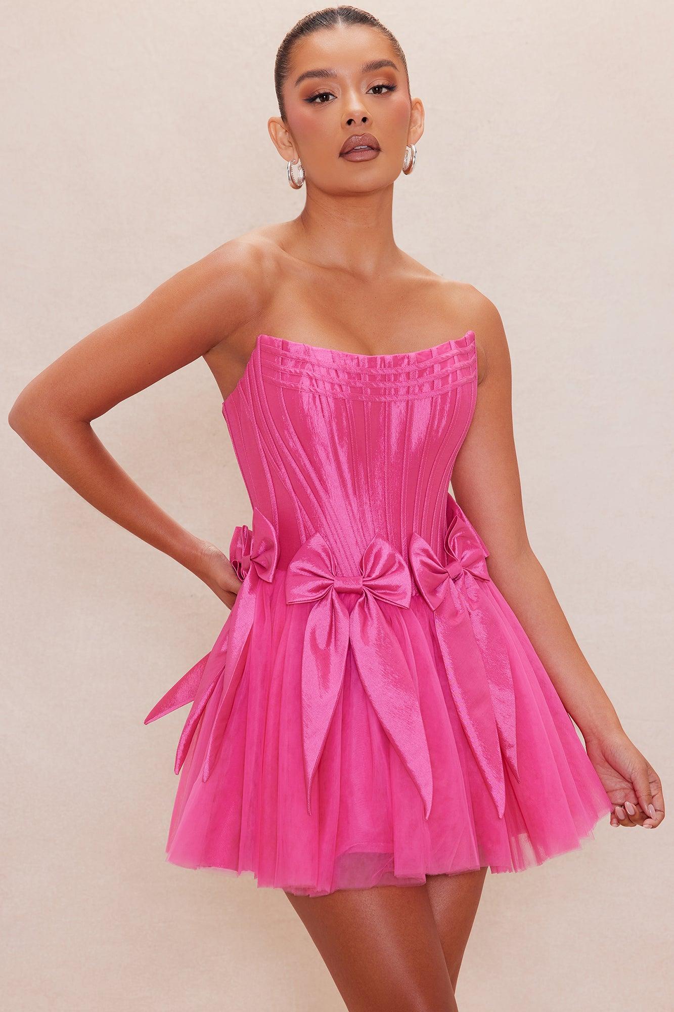 Brielle Bow Satin Mini Dress - Hot Pink Female Product Image