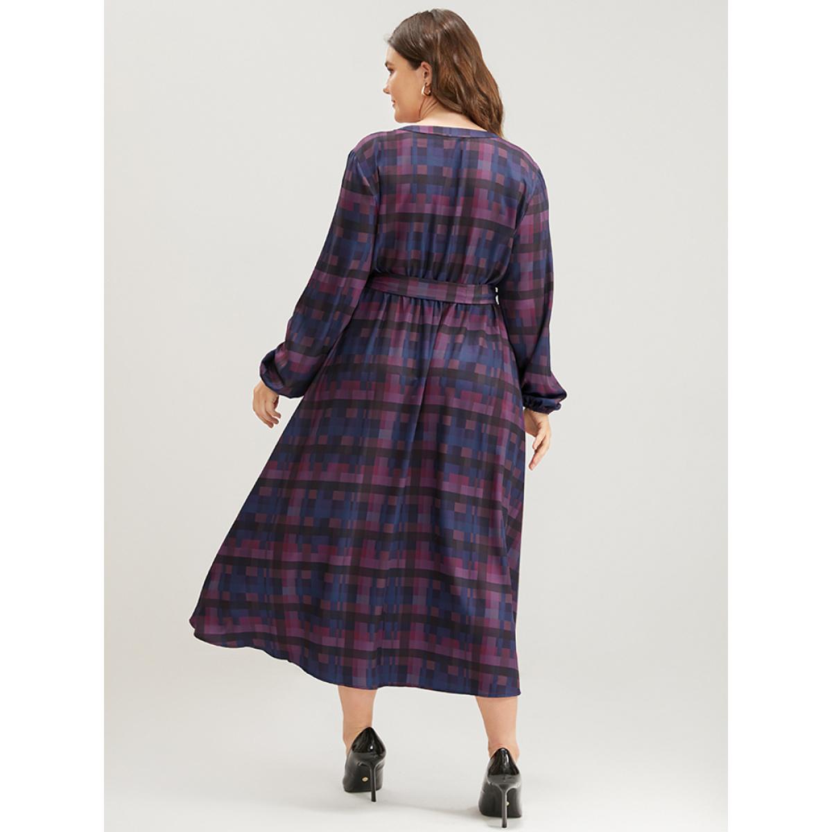Plus Size Plaid Contrast Button Up Pocket Lantern Sleeve Belted Dress Multicolor Women Elegant Button V-neck Long Sleeve Curvy Midi Dress BloomChic 22-24/3X Product Image