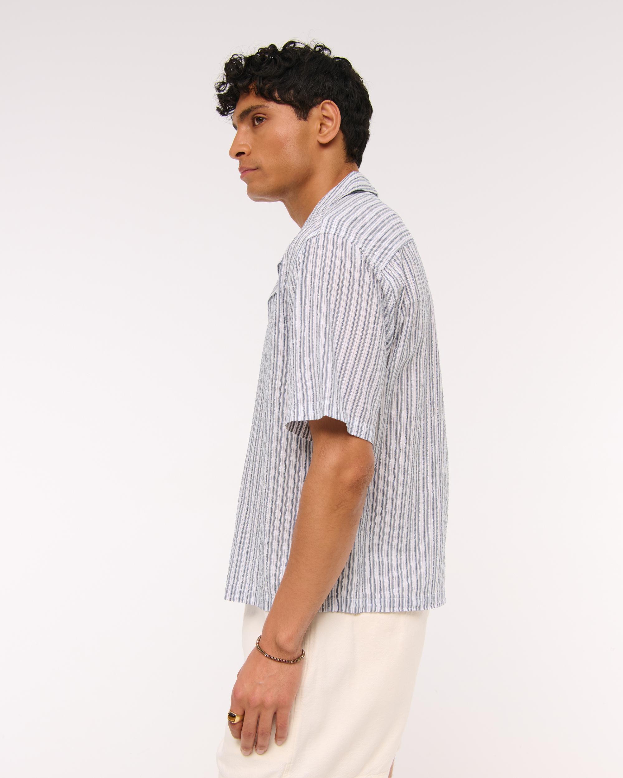 Camp Collar Cropped Seersucker Shirt Product Image