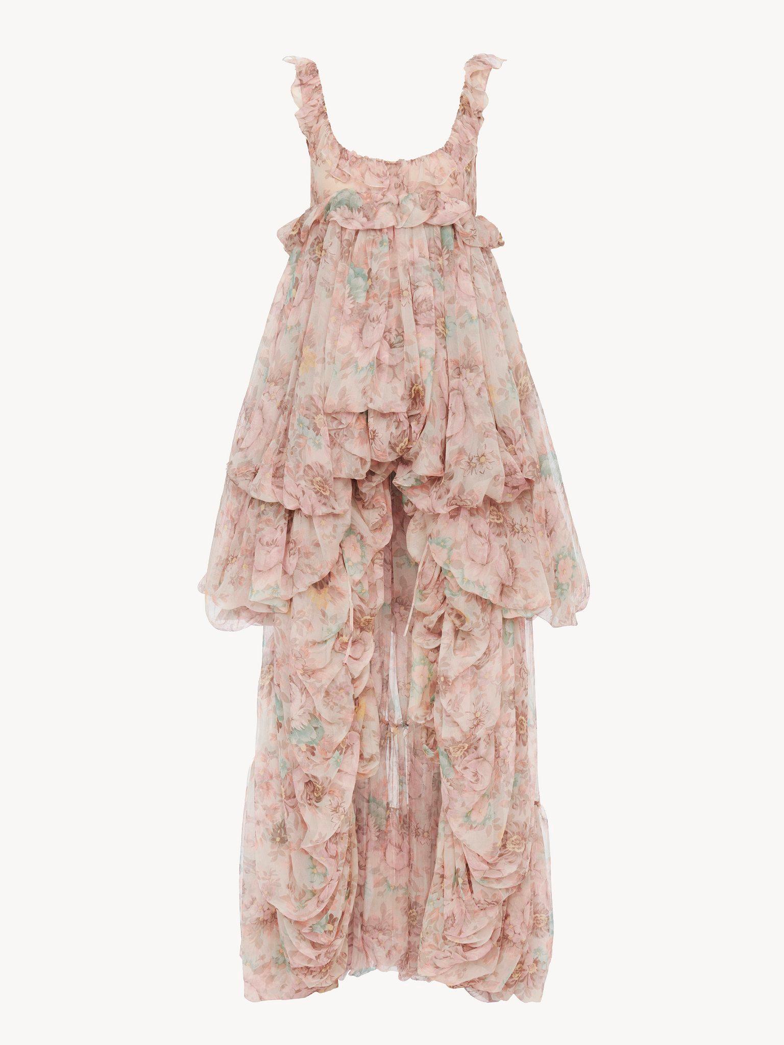High-low ruffled dress in silk mousseline Product Image
