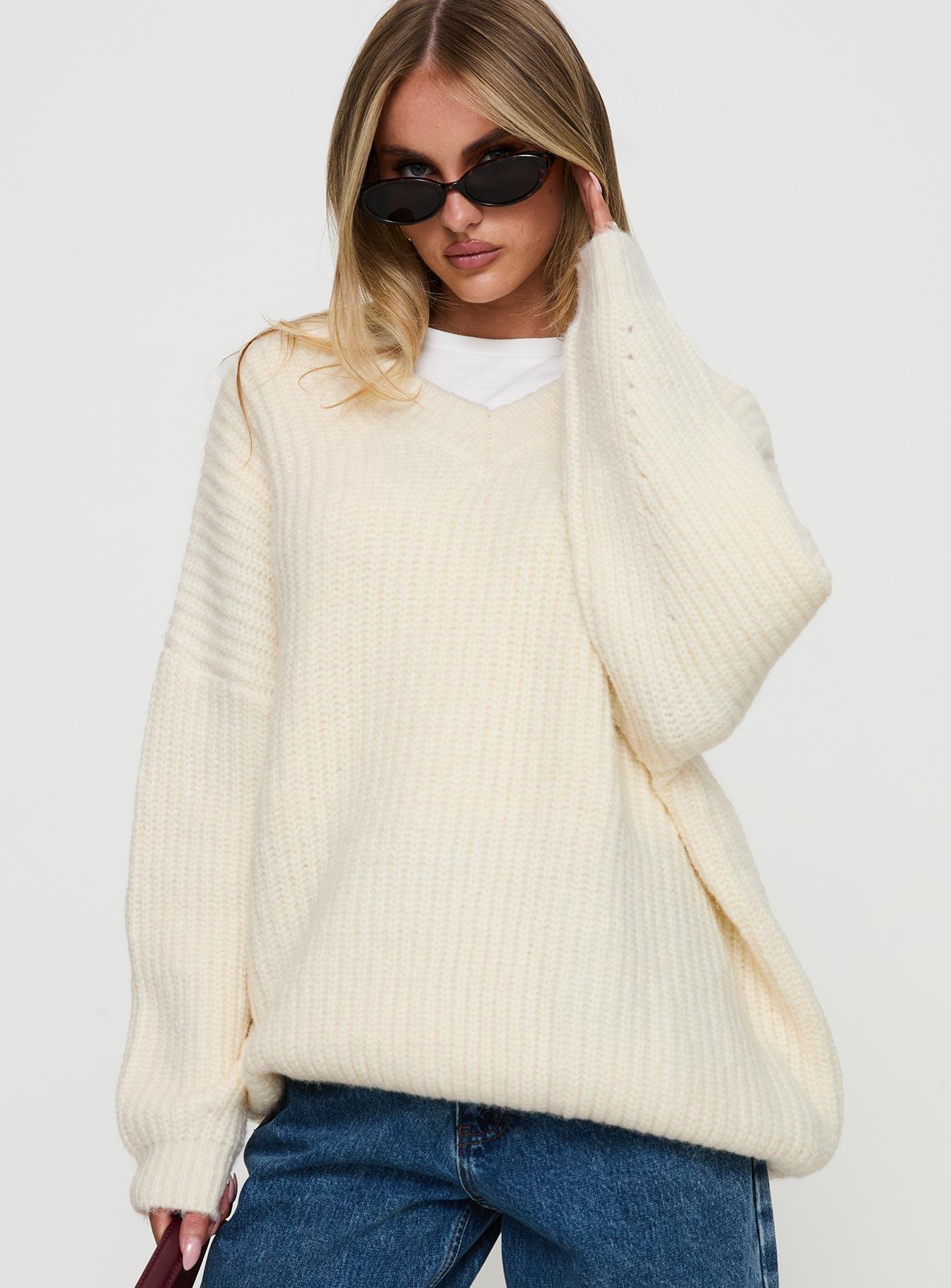 Have It All V Neck Knit Sweater Cream Product Image
