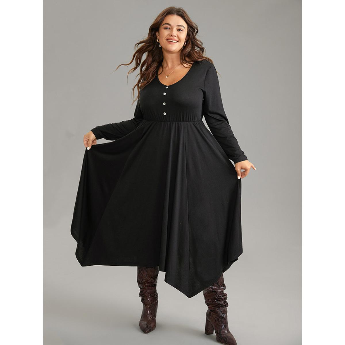 Plus Size Supersoft Essentials Button Detail Hanky Hem Scoop Neck Dress Black Women Office Gathered Scoop Neck Long Sleeve Curvy Midi Dress BloomChic 12/L Product Image