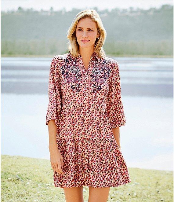 Nurture by Westbound Y-Neckline Embroidered Floral Button Front Roll Sleeve Tiered Short Dress Product Image