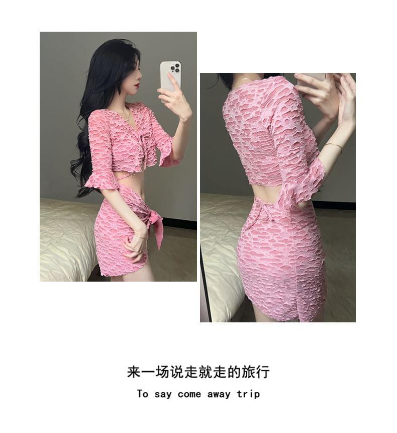 Set: Patterned Bikini Top + Bikini Bottom + Cover Up + Wrap Mini Skirt Product Image