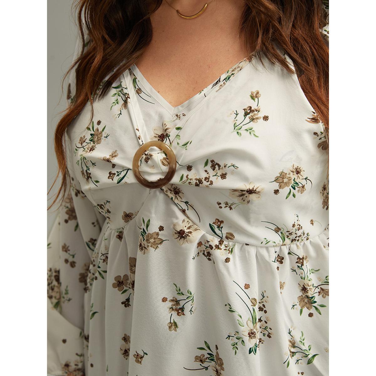 Plus Size Ivory Floral Print Buckle Detail Gathered Bell Sleeve Blouse Women Elegant Long Sleeve V-neck Dailywear Blouses BloomChic 14-16/1X Product Image