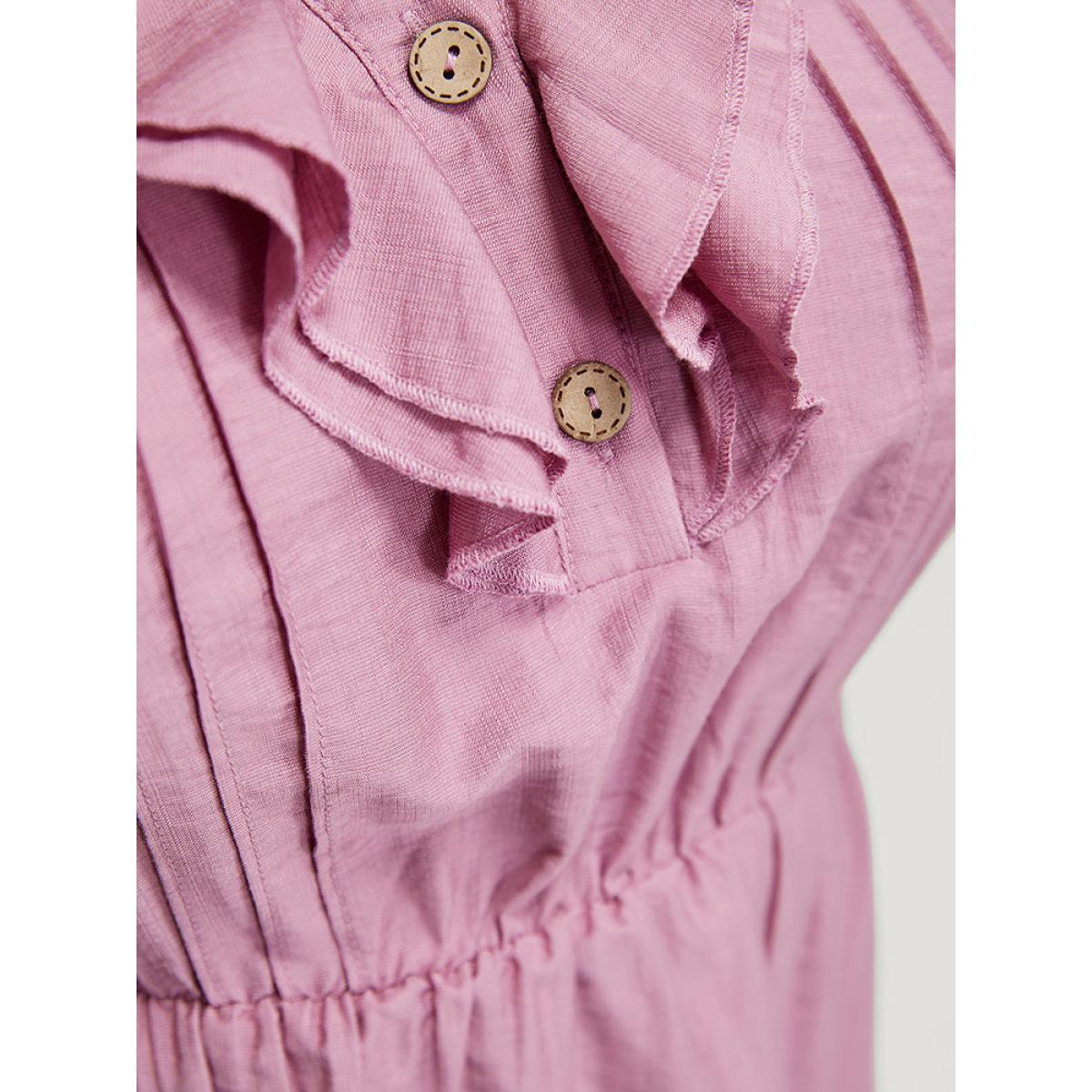 Plus Size Mauve Solid Pleated Button Up Ruffle Tiered Blouse Women Elegant Short sleeve Notched collar Dailywear Blouses BloomChic 12/L Product Image