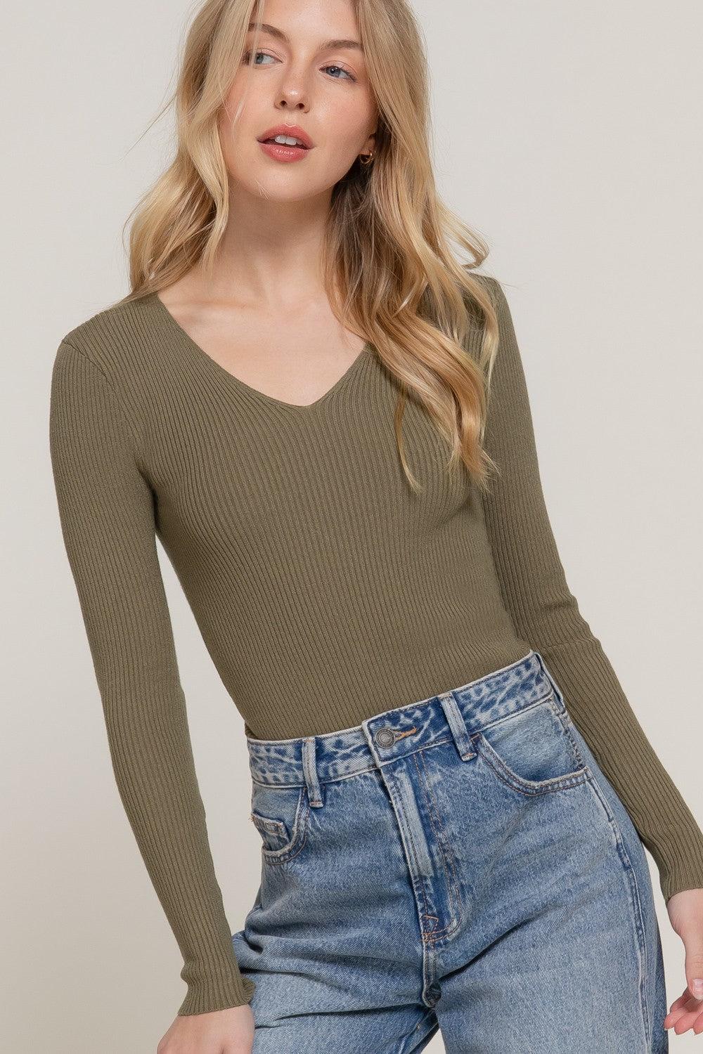 Long Sleeve V-Neck Fitted Viscose Rib Sweater Top Product Image
