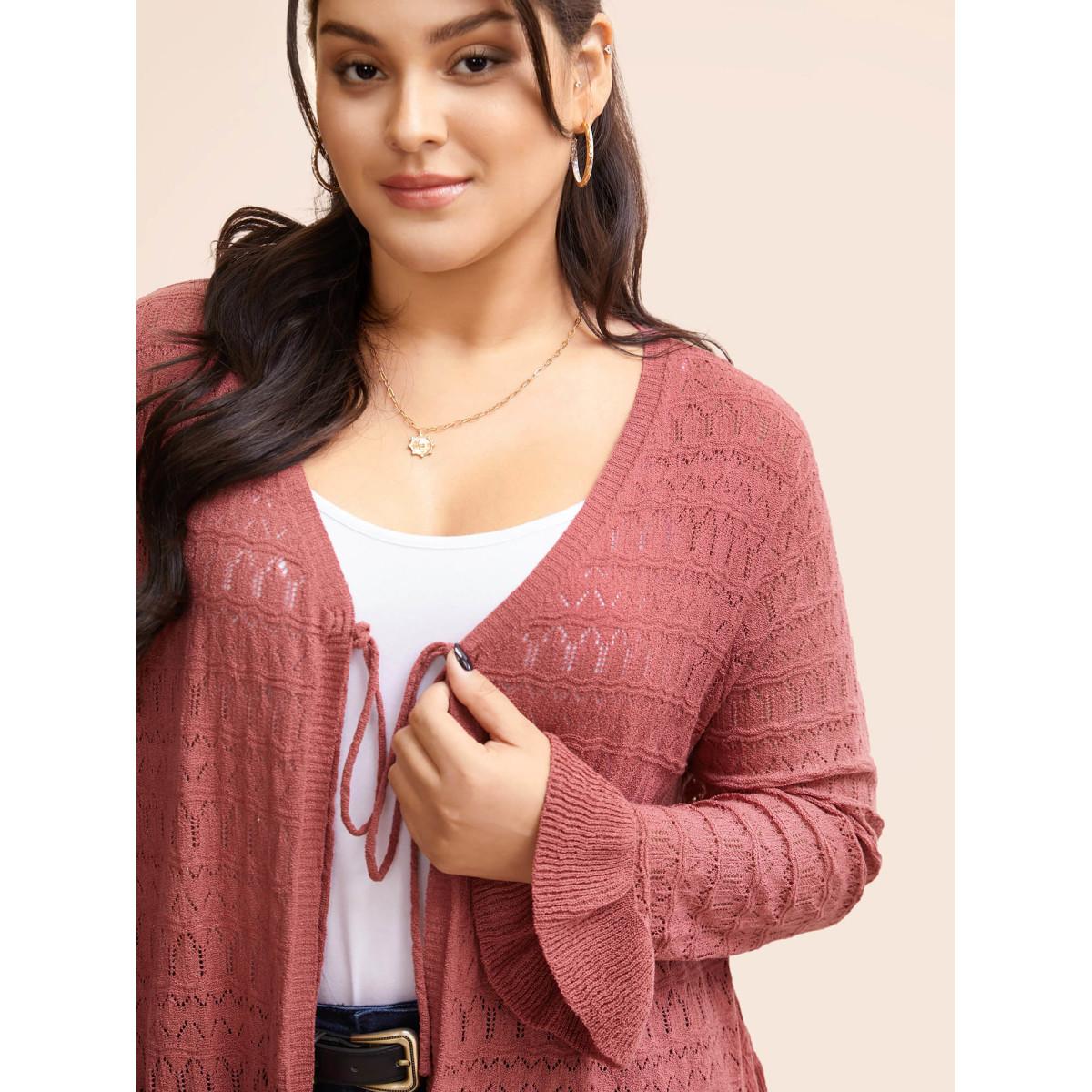 Plus Size Texture Ruffles Tie Knot Bell Sleeve Cardigan Beanpastepowder Women Casual Loose Long Sleeve Everyday Cardigans BloomChic 18-20/2X Product Image