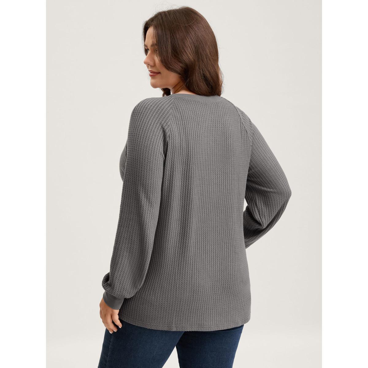 Plus Size Waffle Grid Notched Collar Lace Sweatshirt Women DimGray Leisure Woven ribbon&lace trim Flat collar with V-notch Casual Sweatshirts BloomChic 18-20/2X Product Image