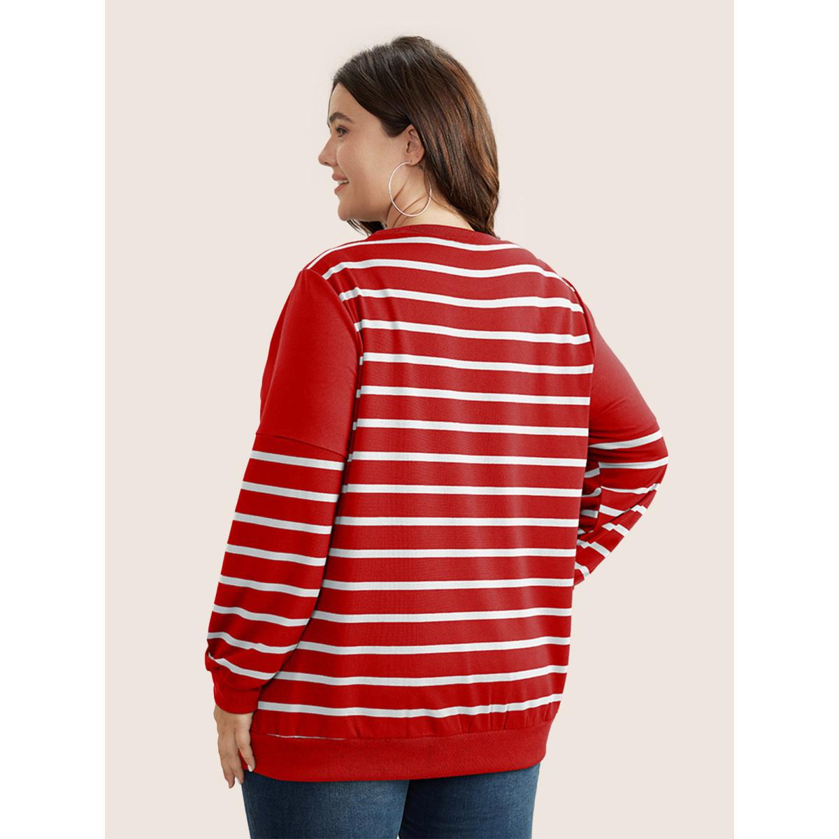 Plus Size Striped Patchwork Button Detail Sweatshirt Women Red Casual Non Round Neck Everyday Sweatshirts BloomChic 22-24/3X Product Image