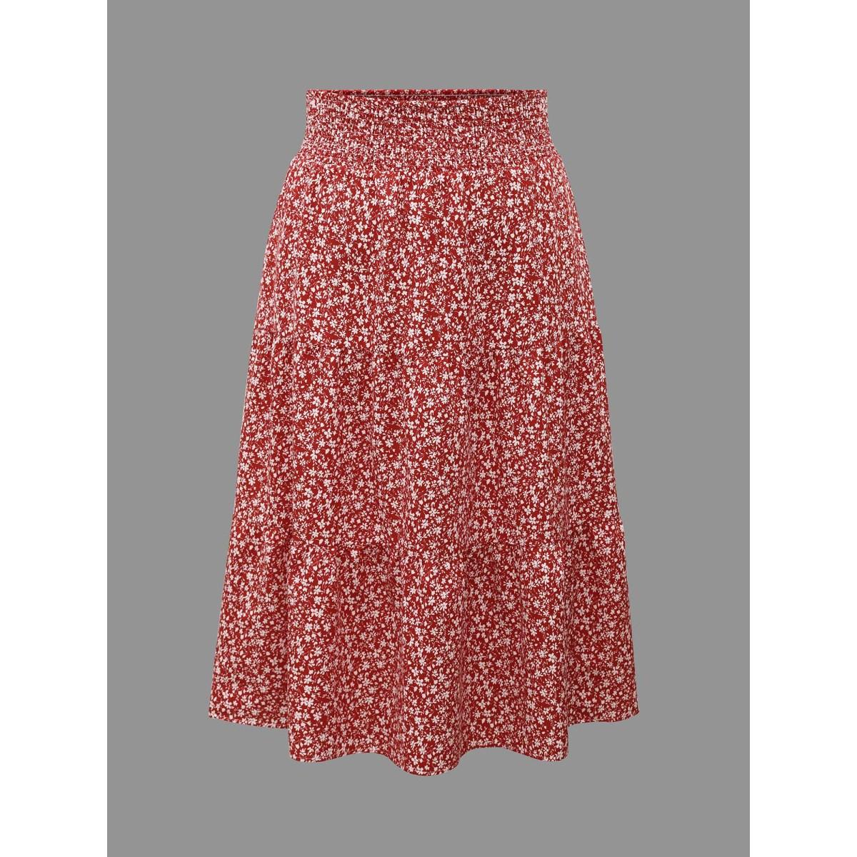 Plus Size Romantic Floral Waist Shirred Midi Skirt Women Crimson Timeless Shirred No stretch Side seam pocket Elegant Skirts BloomChic 28/5X Product Image