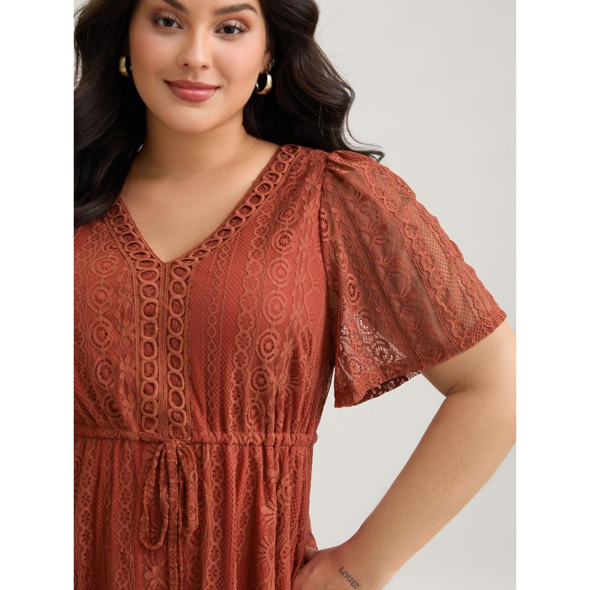 Plus Size Russet V Neck Lace Panel Drawstring Blouse Women Romantic Short sleeve V-neck Elegant Blouses BloomChic 22-24/3X Product Image