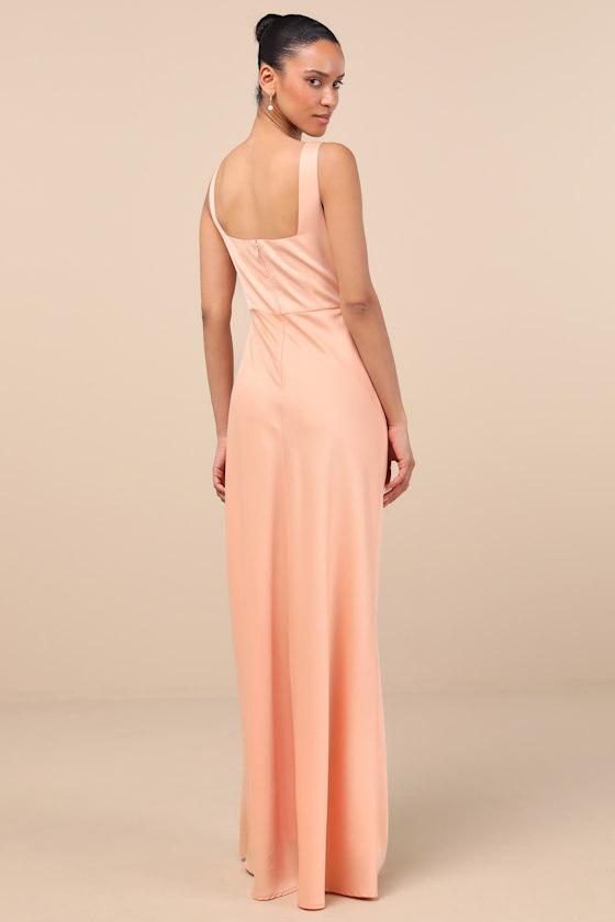 Red Carpet Romance Peach Satin Square Neck Maxi Dress Product Image