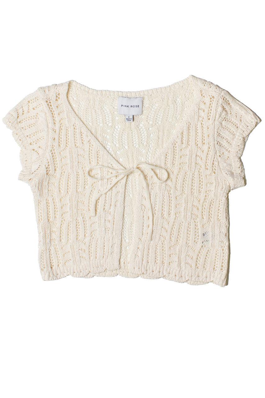 Short Sleeve Tie Front Lacy Knit Cardigan Product Image