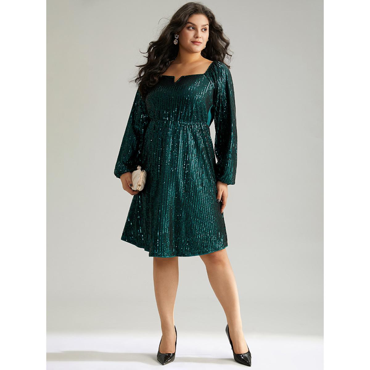 Plus Size Sequin Square Neck Lantern Sleeve Knee Dress DarkGreen Women Party Elastic cuffs Square Neck Long Sleeve Curvy Knee Dress BloomChic 28/5X Product Image