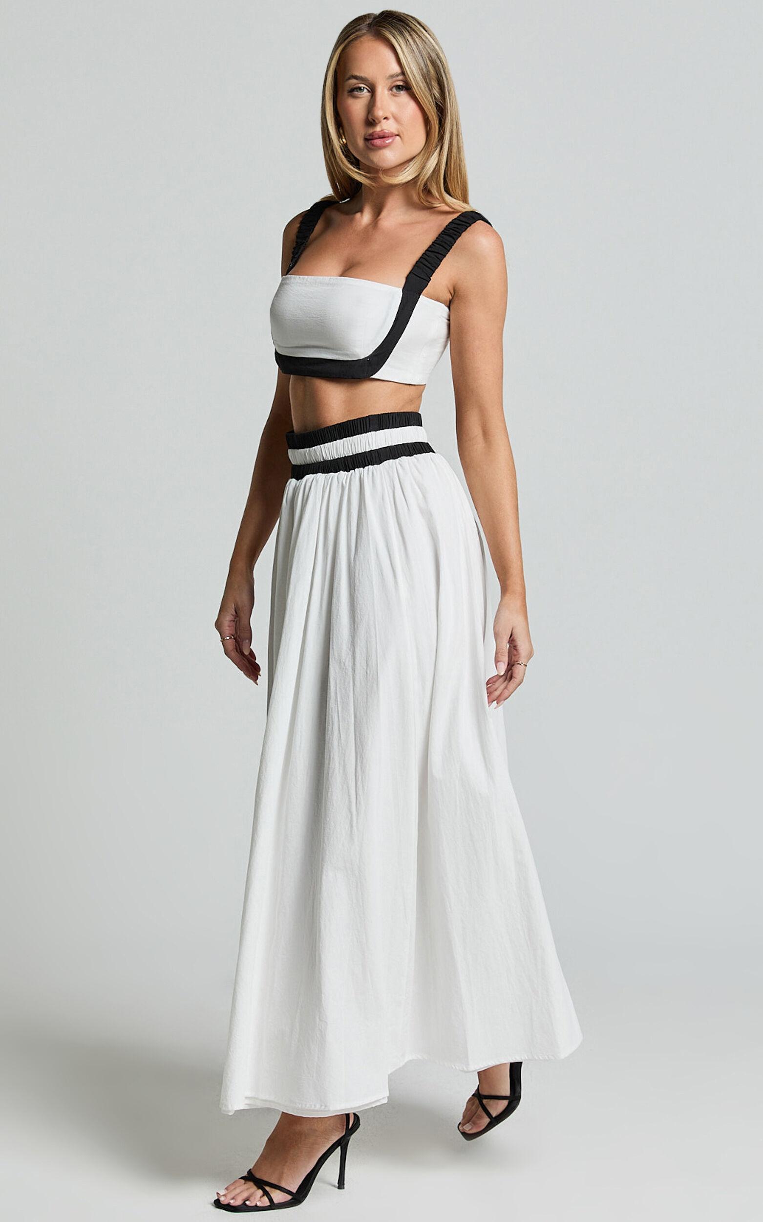 Sapphire Two Piece Set - Contrast Band Crop Top and A Line Maxi Skirt in White & Black Product Image
