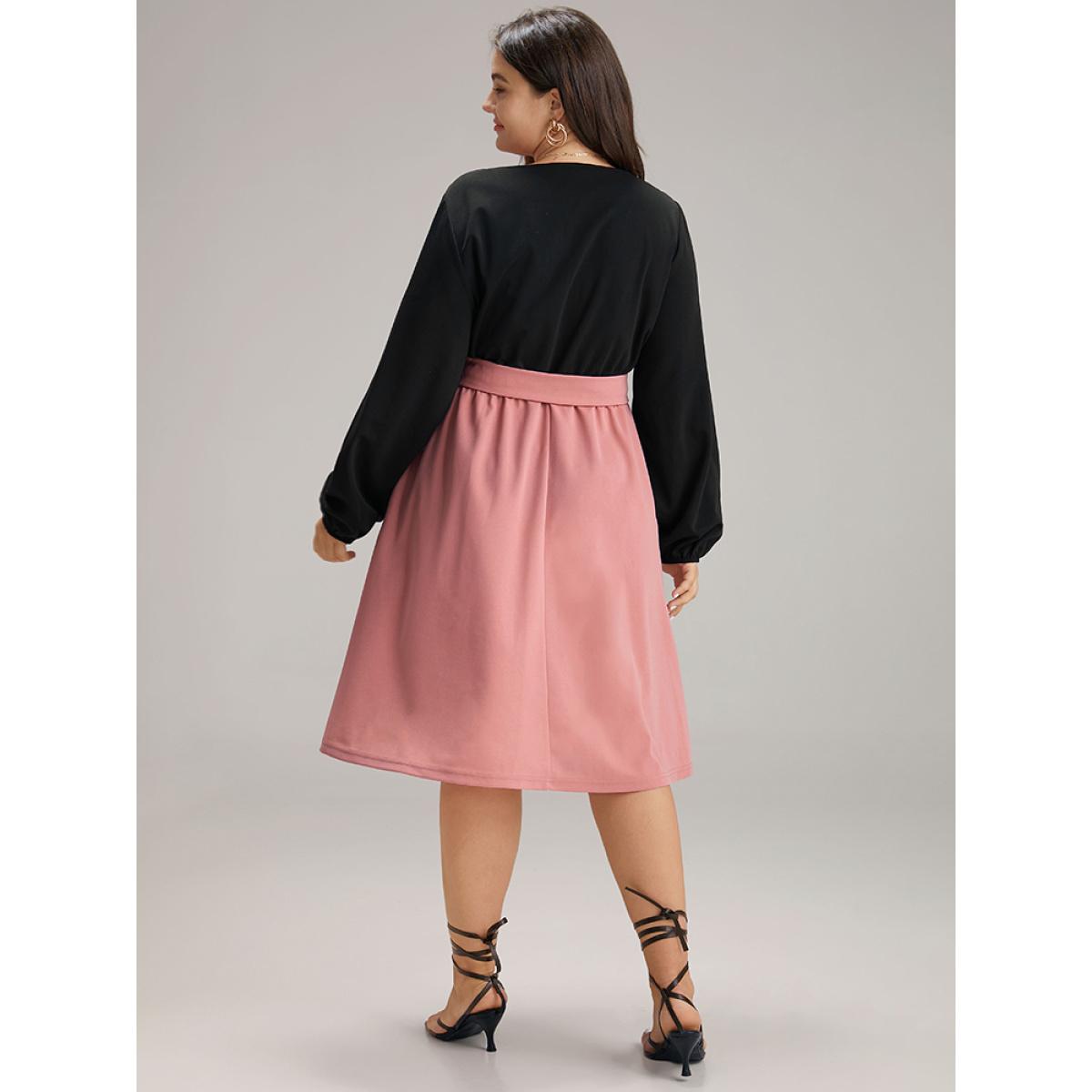 Plus Size Contrast Patchwork Button Detail Belted Dress Rouge Women At the Office Elastic cuffs Notched collar Long Sleeve Curvy Midi Dress BloomChic 22-24/3X Product Image