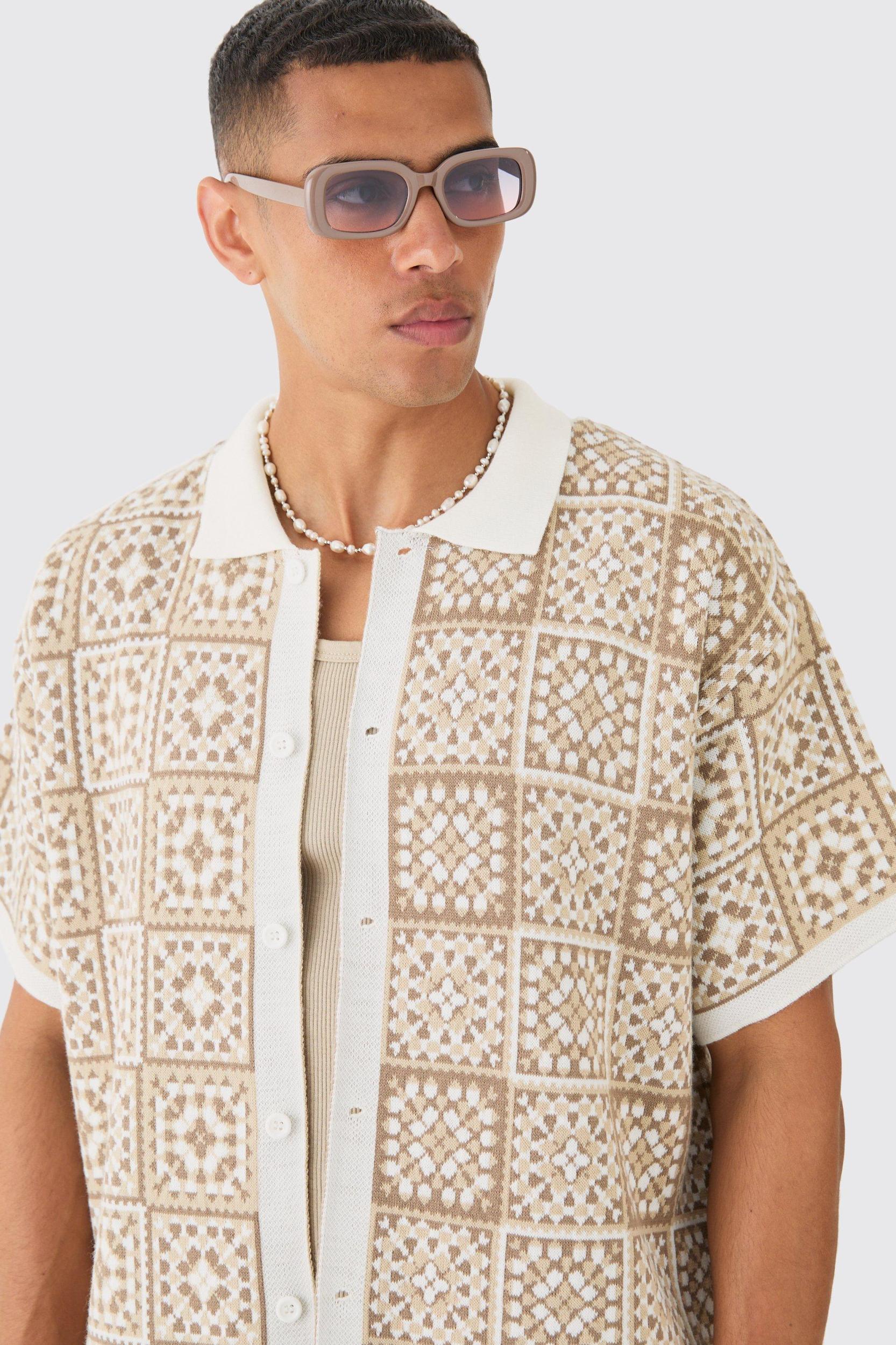Oversized Boxy Crochet Knitted Shirt | boohooMAN USA Product Image
