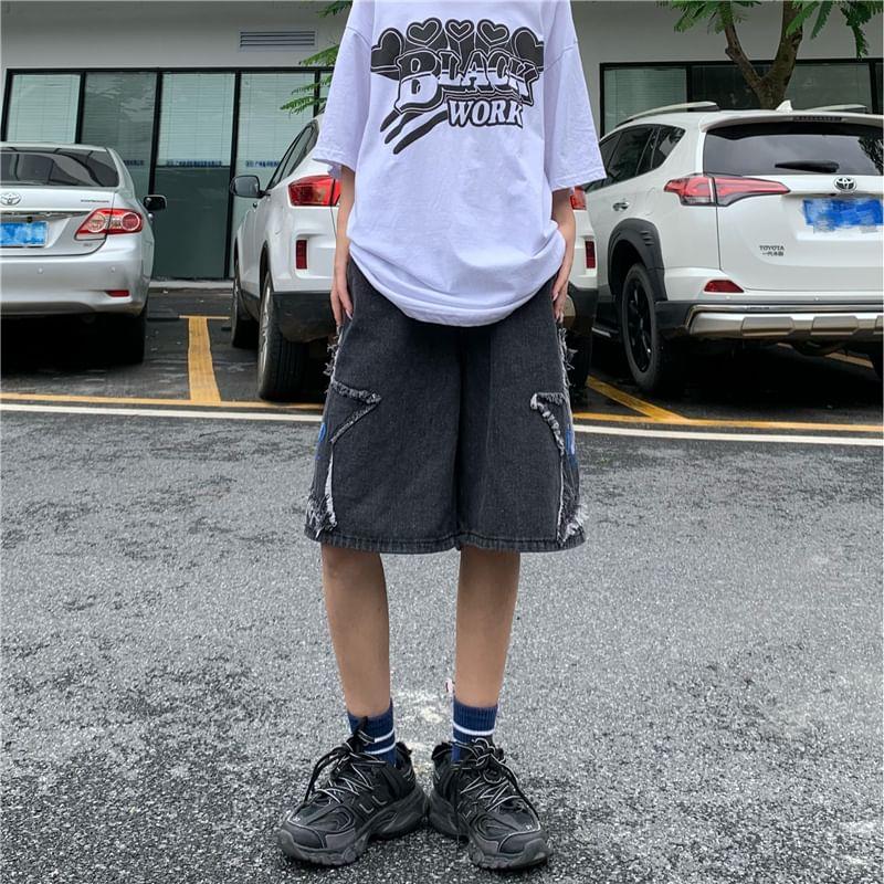 Mid Waist Embroidered  Denim Shorts Product Image