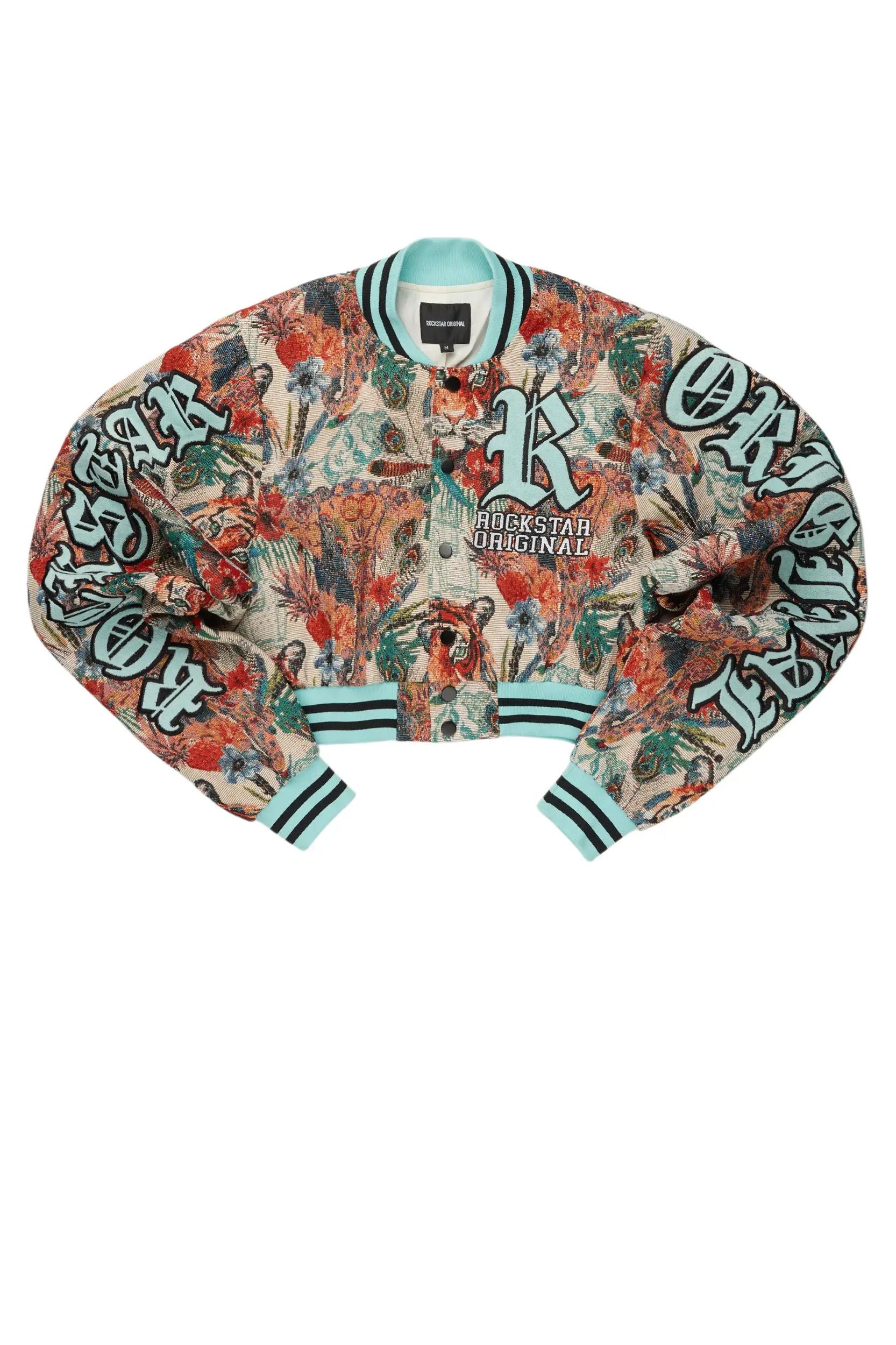 Rena Beige Crop Tapestry Varsity Jacket Female Product Image