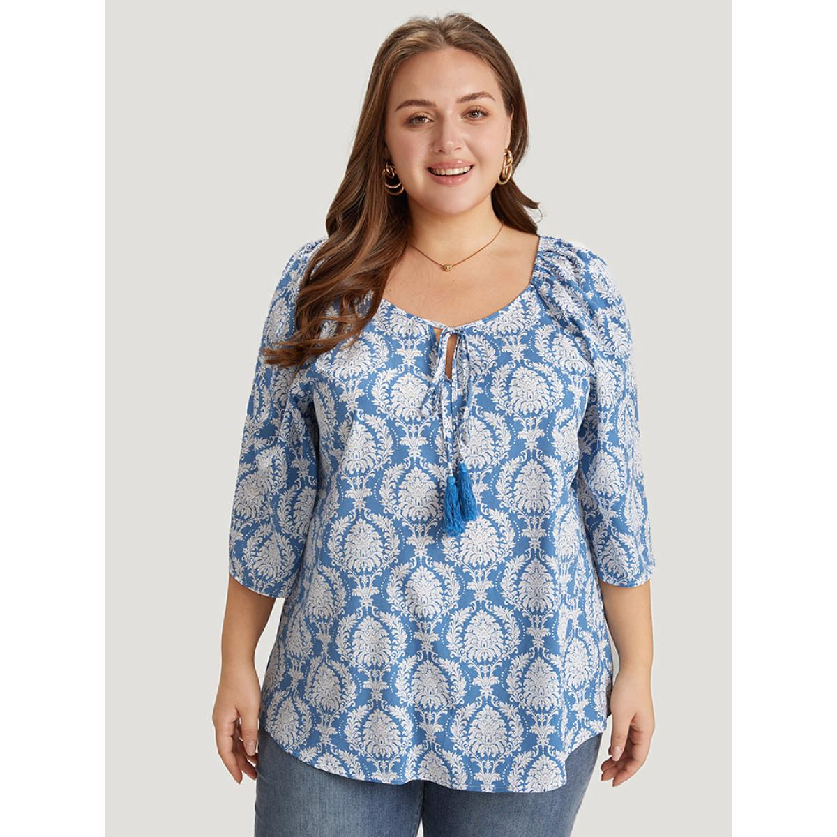 Plus Size Multicolor Boho Print Knot Neck Tassels Puff Sleeve Blouse Women Vacation Elbow-length sleeve Round Neck Dailywear Blouses BloomChic 10/M Product Image