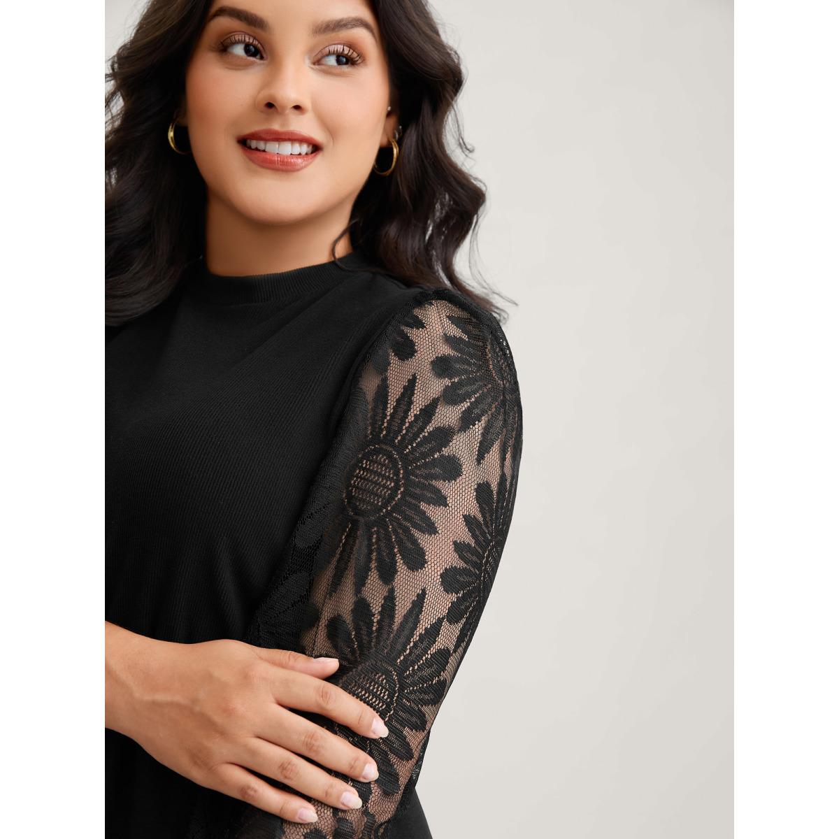 Plus Size Black Crochet Lace Mesh Mock Neck Jumpsuit Women Timeless Long Sleeve Mock Neck Elegant Loose Jumpsuits BloomChic 18-20/2X Product Image