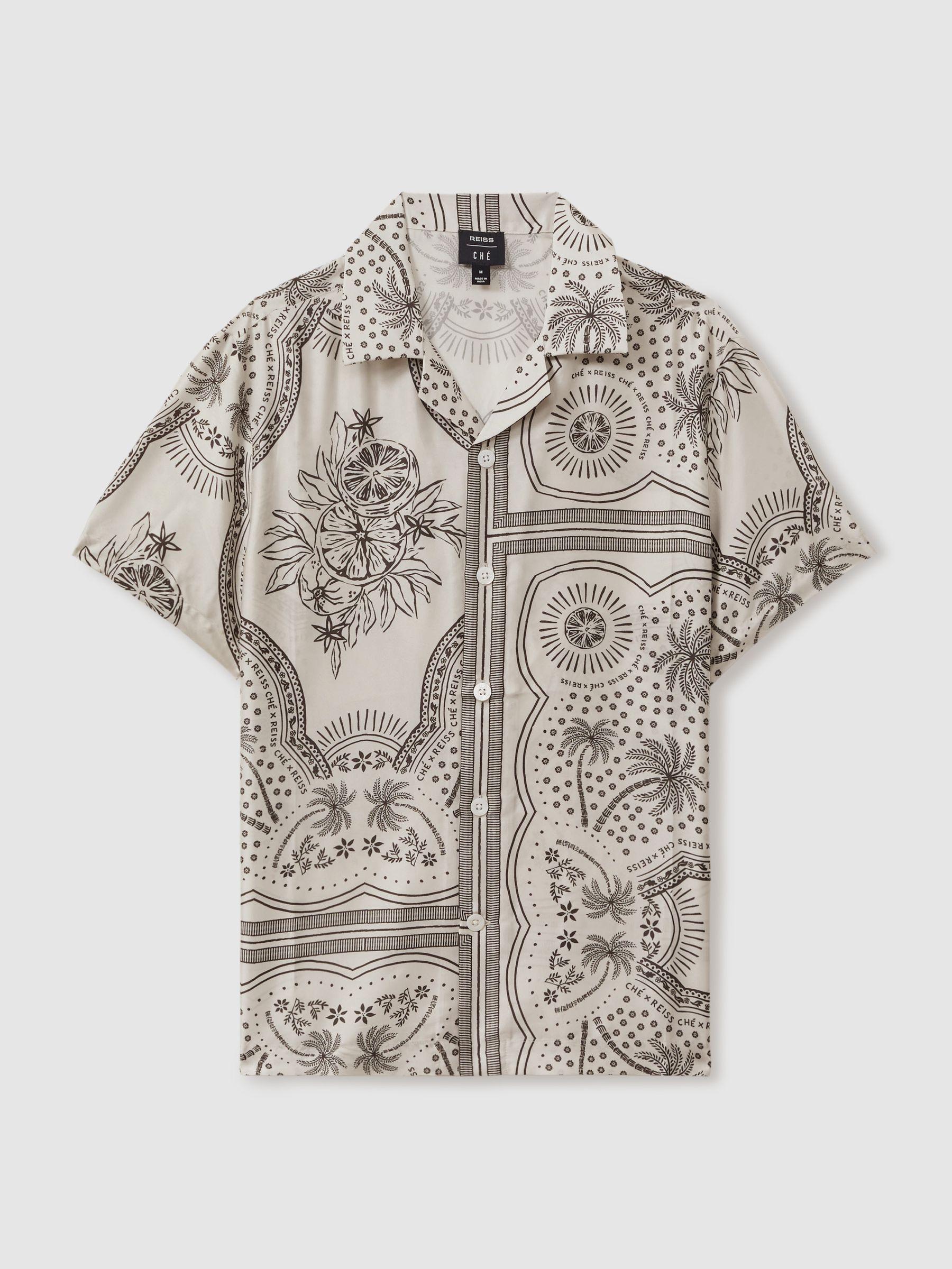 Reiss | Ché Printed Cuban Collar Shirt in Champagne/Brown Product Image