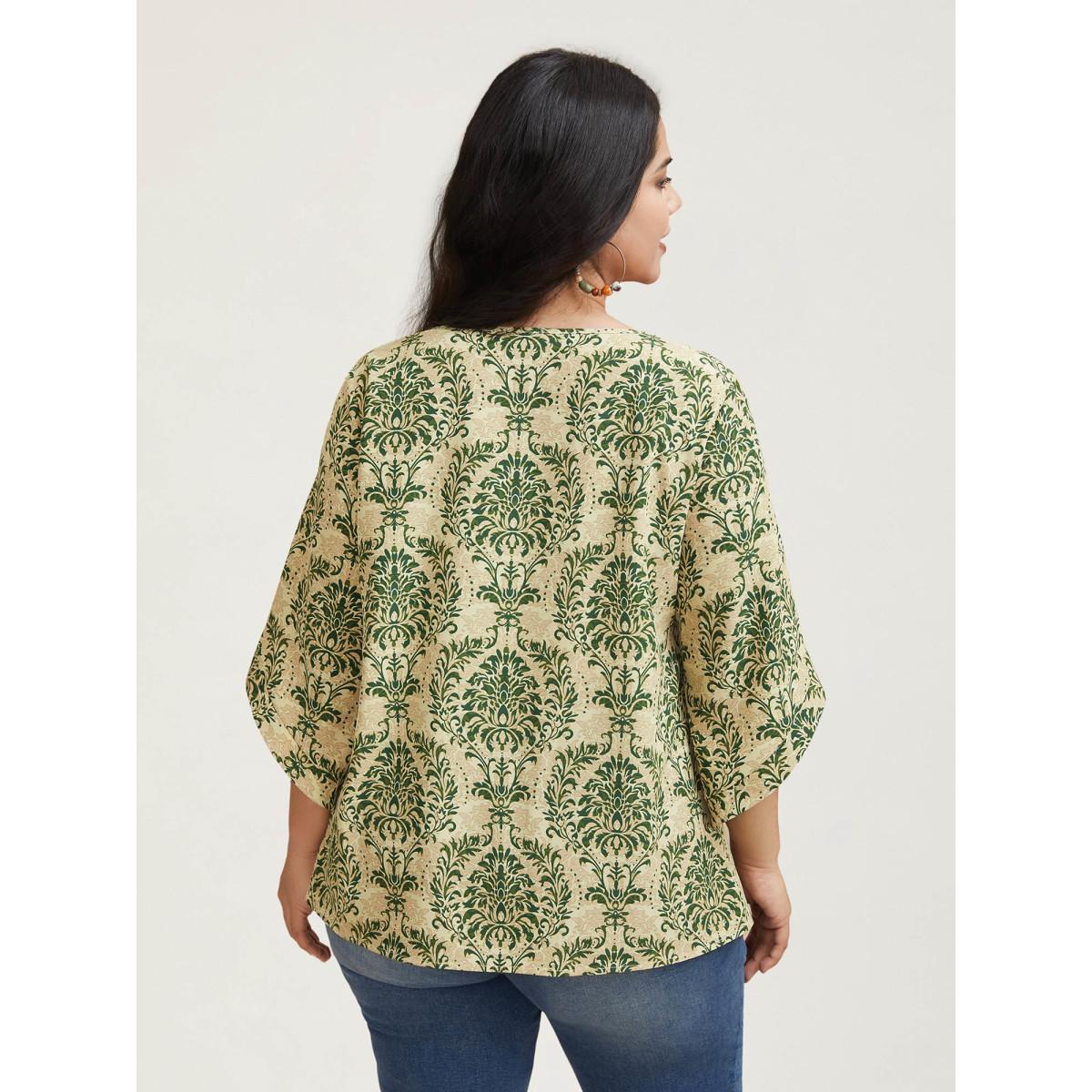 Plus Size Moss Damask Print Flared Sleeve V-Neck Shirt Women Boho Elbow-length sleeve V-neck Vacation Blouses BloomChic 12/L Product Image