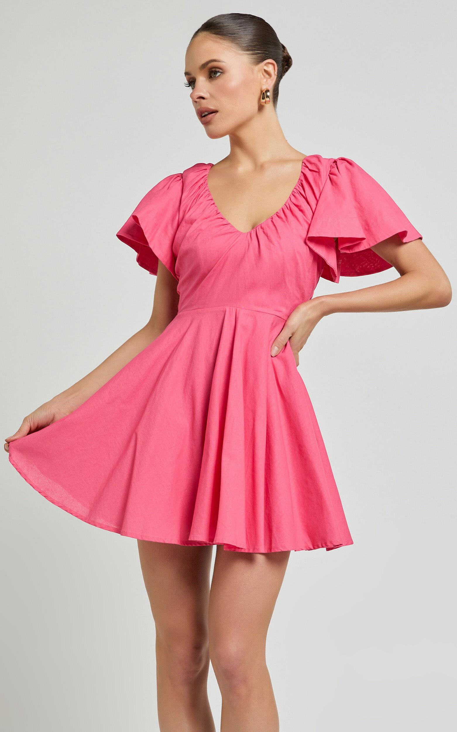 Carli Mini Dress - Linen Ruched Bodice Bell Sleeve Dress in Pink Product Image