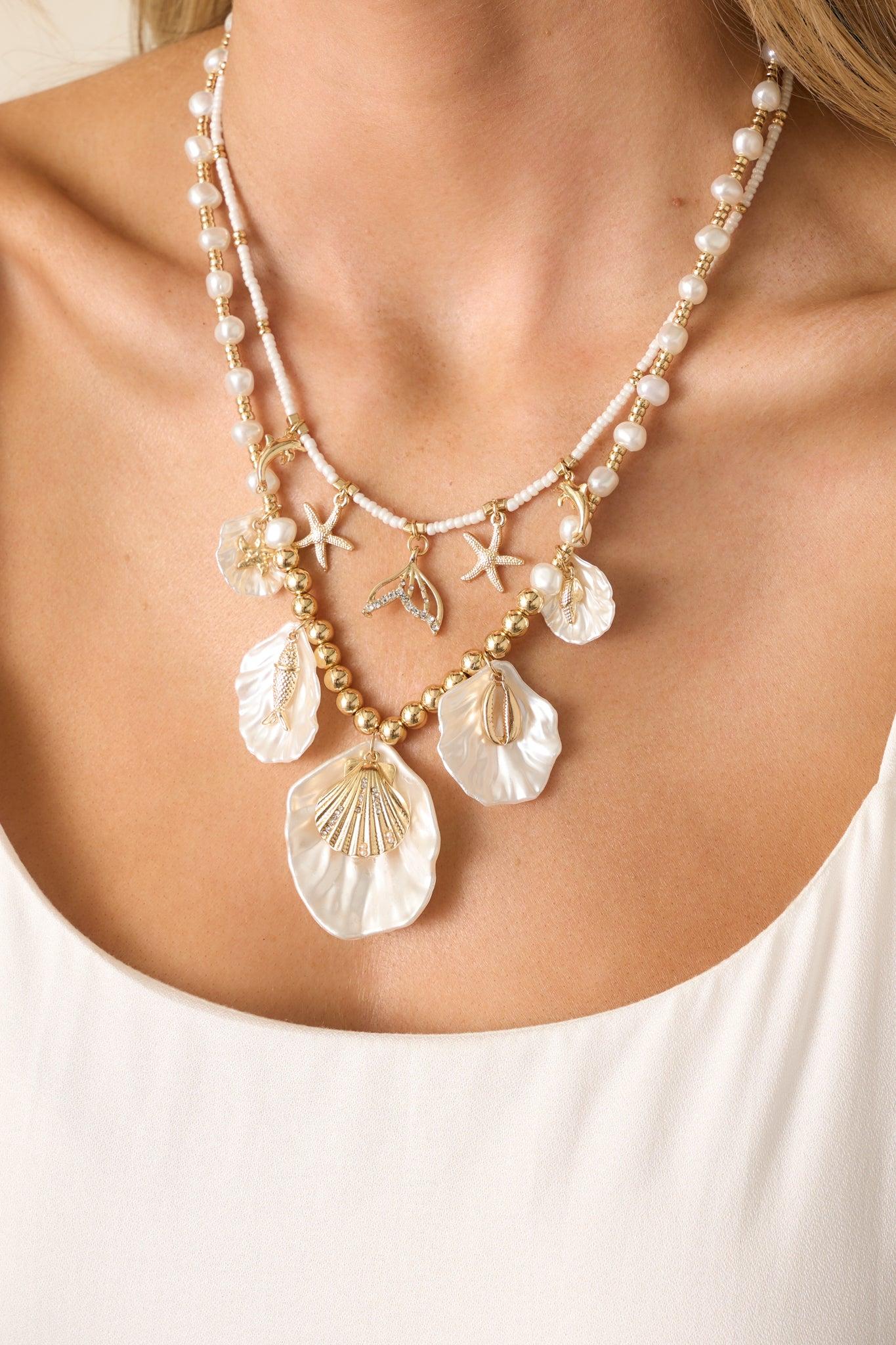 Sunkissed Living Gold Ivory Pearl Layered Coastal Charm Necklace Product Image