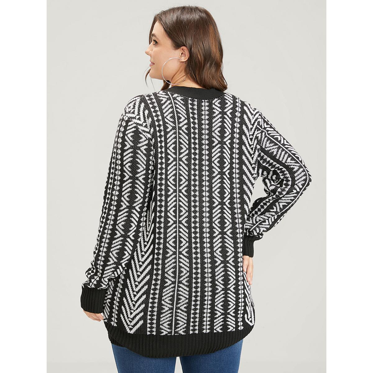 Plus Size Bandana Geometric Pointelle Knit Contrast Button Front Cardigan Black Women Casual Loose Long Sleeve Dailywear Cardigans BloomChic 10/M Product Image