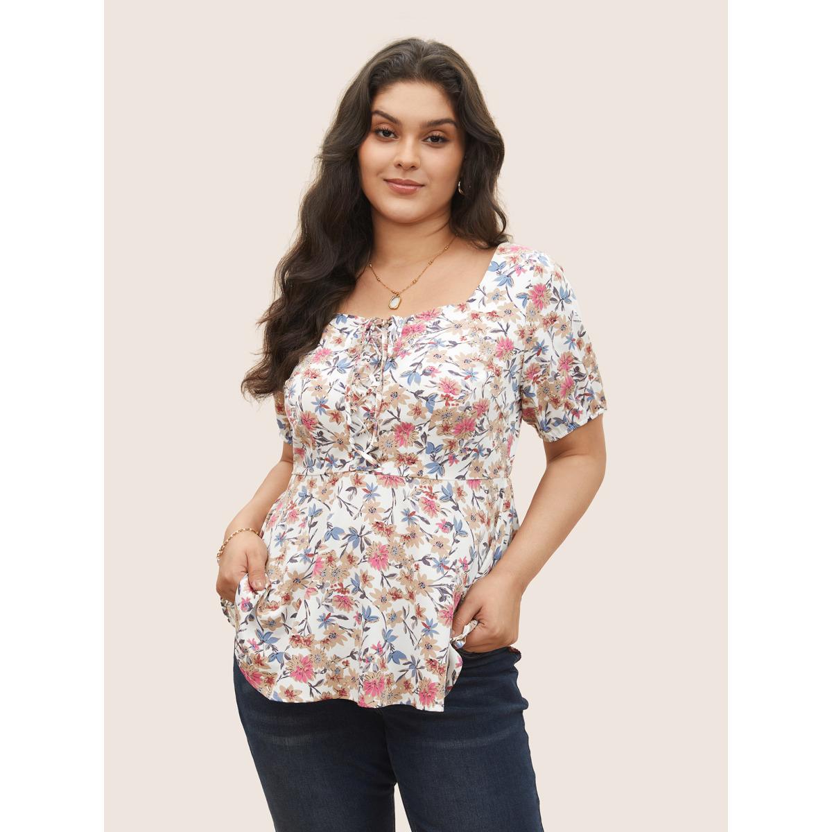 Plus Size White Floral Lace Up Gathered Lantern Sleeve Blouse Women Elegant Short sleeve Square Neck Everyday Blouses BloomChic 12/L Product Image