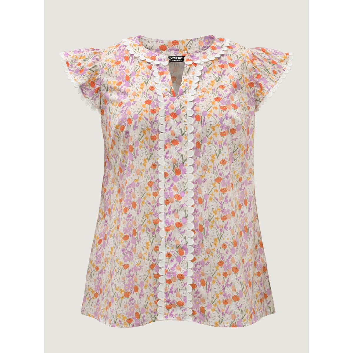 Plus Size Multicolor Cotton Floral Print Lace Trim Notched Blouse Women Cap Sleeve Notched collar Everyday-Casual Blouses BloomChic 10/M Product Image