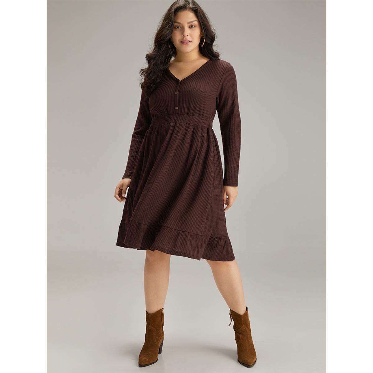 Plus Size Waffle Knit Button Up Elastic Waist Dress DarkBrown Women Casual Plain V-neck Long Sleeve Curvy Knee Dress BloomChic 22-24/3X Product Image