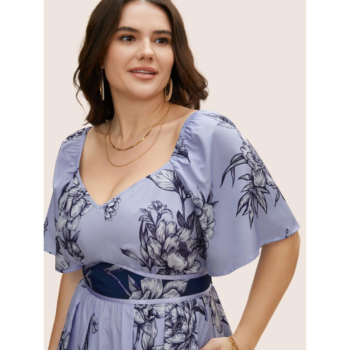 Plus Size Boho Print Heart Neckline Ruffle Sleeve Maxi Dress Mediumblue Women Romantic Woven ribbon&lace trim Square Neck Short sleeve Curvy BloomChic 28/5X Product Image
