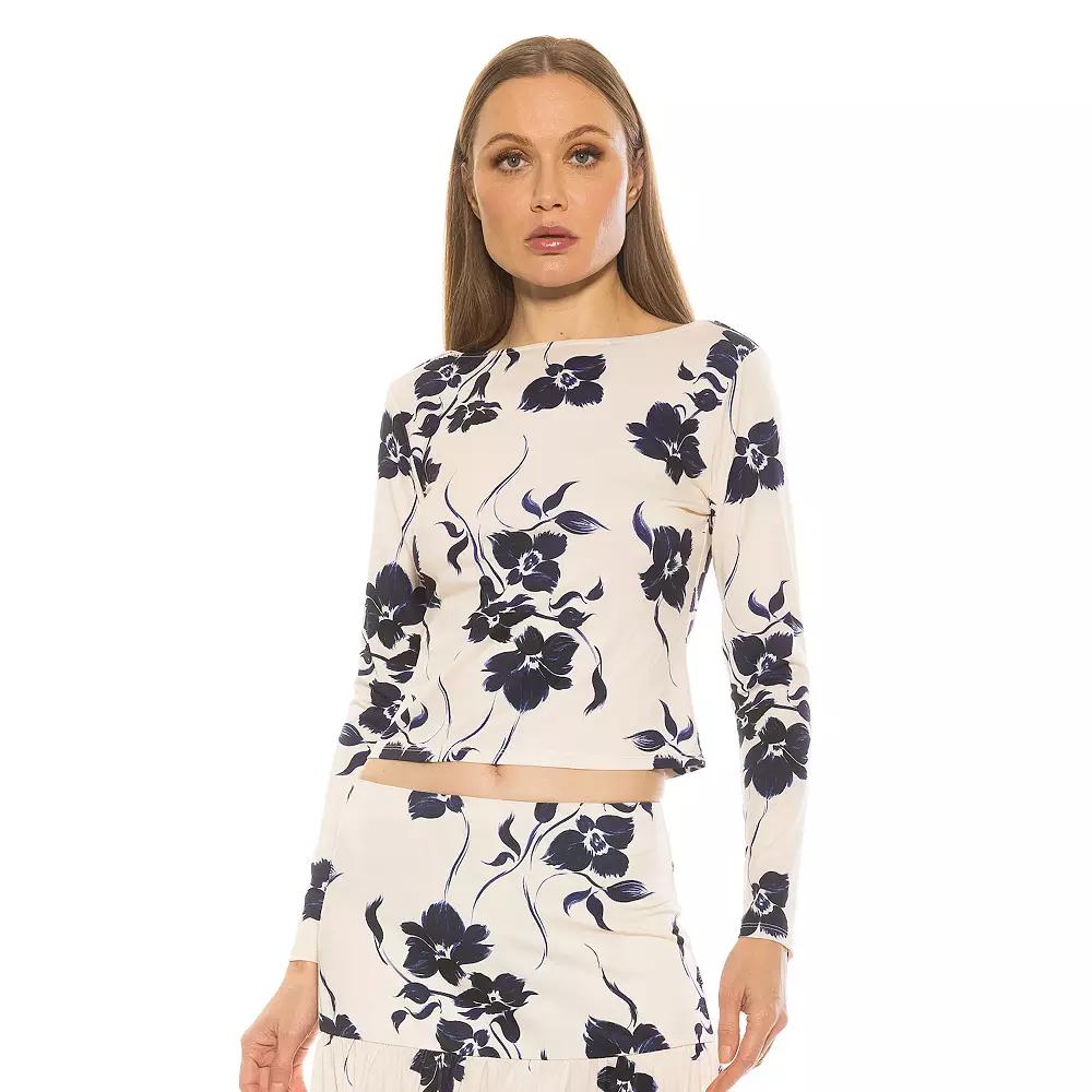 Women's ALEXIA ADMOR Dahlia Boatneck Long Sleeve Shirt, Size: Large, Blue Floral Product Image