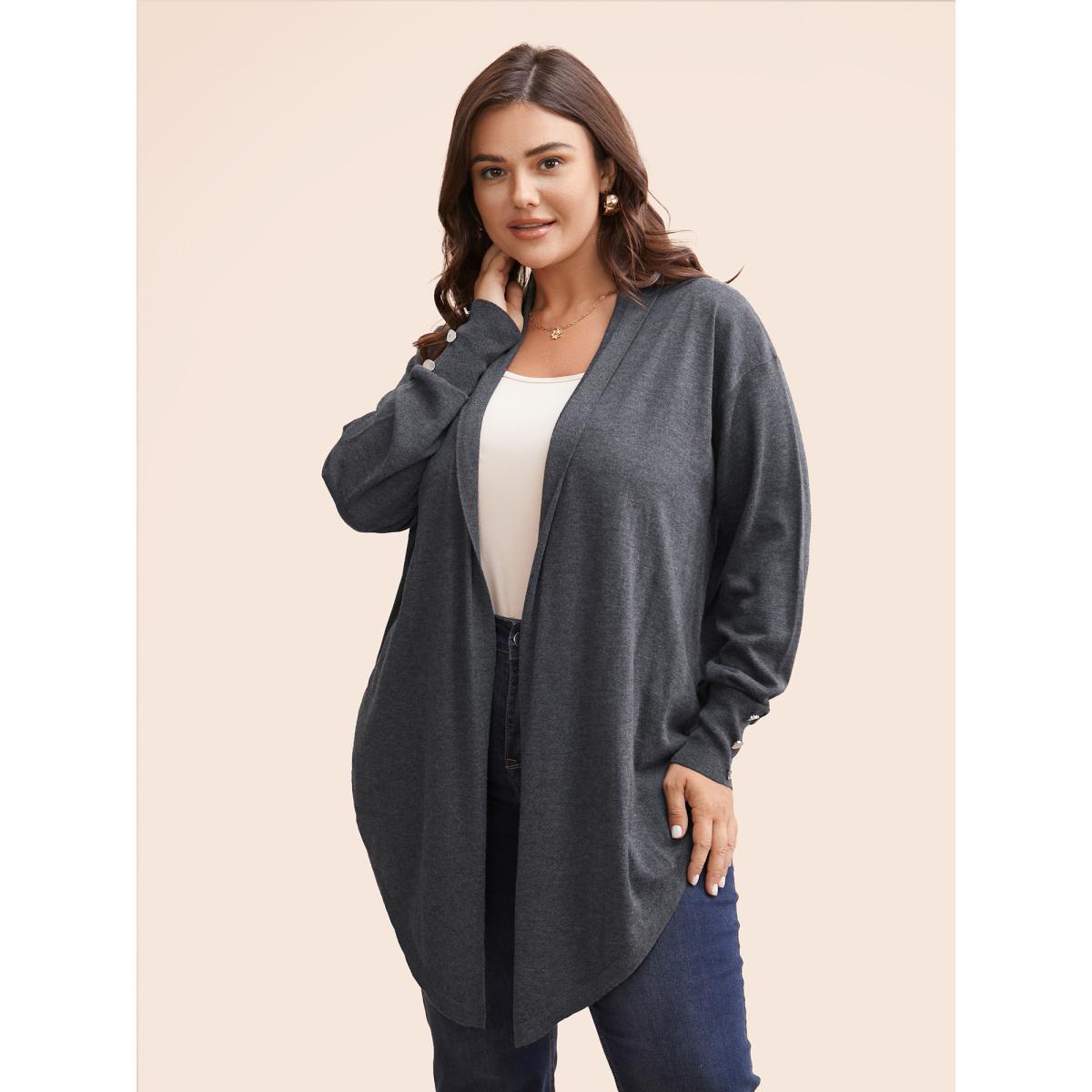 Plus Size Kimono Collar Button Detail Asymmetrical Hem Cardigan DimGray Women Casual Loose Long Sleeve Everyday Cardigans BloomChic 30/6X Product Image