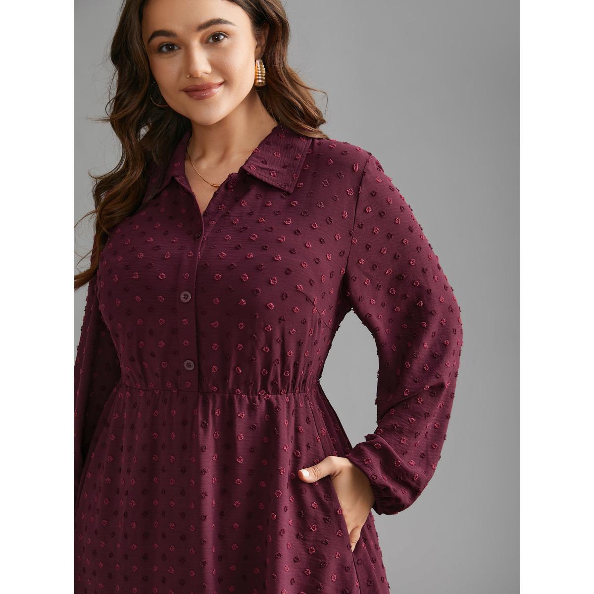 Plus Size Textured Shirt Collar Button Front Midi Dress Burgundy Women Elegant Texture Shirt collar Long Sleeve Curvy BloomChic 14-16/1X Product Image